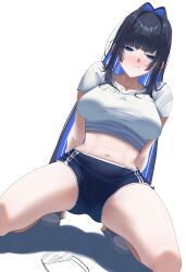  :t absurdres afterparty7 alternate_costume arm_support blue_eyes blue_hair blue_shorts blunt_bangs blush breasts closed_mouth colored_inner_hair english_commentary female glasses hair_intakes highres hololive hololive_english large_breasts long_hair looking_at_viewer midriff multicolored_hair navel ouro_kronii pout shirt shoes short_sleeves shorts simple_background sneakers solo spread_legs squatting t-shirt unworn_eyewear very_long_hair virtual_youtuber white_background white_shirt 