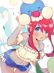  bikini bikini_under_clothes blue_eyes blue_shorts blush breasts collarbone crop_top cynthia_(pokemon) cynthia_(summer_2025)_(pokemon) denim denim_shorts female hair_ornament highres jumpluff looking_at_viewer midriff navel nirugiri_(nirgy) off-shoulder_shirt off_shoulder official_alternate_costume one_side_up open_mouth pokemon pokemon_(creature) pokemon_masters_ex red_hair shirt shorts sidelocks skyla_(pokemon) skyla_(summer_2025)_(pokemon) sweat sweatdrop swimsuit 