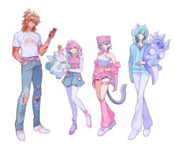  2boys 2girls anaxa_(honkai:_star_rail) aqua_eyes bare_shoulders beanie belt blonde_hair blue_jacket breasts cellphone cipher_(honkai:_star_rail) commentary crown denim facial_mark grey_skirt half_updo hand_up hat highres holding holding_phone honkai:_star_rail honkai_(series) hood hooded_jacket hyacine_(honkai:_star_rail) jacket jeans kiraandfriends leg_warmers little_ica_(honkai:_star_rail) long_sleeves looking_at_viewer medium_breasts medium_hair midriff mini_crown miniskirt multiple_boys multiple_girls mydei_(honkai:_star_rail) off_shoulder pants pantyhose phone pink_belt pink_hair pink_hat pink_jacket pink_skirt pleated_skirt shirt shoes short_sleeves simple_background skirt smartphone sneakers strapless stuffed_animal stuffed_toy tattoo tube_top white_background white_pants white_pantyhose white_shirt white_shoes 