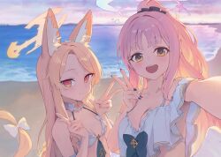  2girls :d absurdres alternate_costume animal_ears armpits beach bikini blonde_hair blue_archive blue_halo blue_ribbon breasts choker cross_halo enokinoko1010 forehead fox_ears gradient_halo hair_ornament hair_scrunchie hair_tie halo highres large_breasts long_hair low_wings mika_(blue_archive) multicolored_halo multiple_girls nail_polish ocean pink_hair pink_halo ponytail red_eyes ribbon scrunchie seia_(blue_archive) selfie small_breasts smile sunset swimsuit v very_long_hair white_bikini wings yellow_eyes yellow_halo yellow_ribbon 