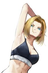  abs android_18 arm_up armpits black_sports_bra blonde_hair blue_eyes breasts cleavage closed_mouth cropped_torso dragon_ball dragon_ball_z earrings female forehead hand_in_own_hair highres hoop_earrings jewelry looking_at_viewer medium_breasts midriff parted_hair sports_bra tsunkyunn 