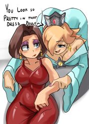  2girls aqua_dress ass bare_arms bare_shoulders blonde_hair blue_eyes blush breasts brooch brown_hair cleavage collarbone donkey_kong_(series) dress earrings english_text eyeshadow floating_earrings gold_earrings hair_over_one_eye half-closed_eyes halter_dress halterneck highres jewelry large_breasts long_hair long_sleeves makeup mario_(series) moxydraws multiple_girls off-shoulder_dress off_shoulder pauline_(mario) pointed_crown purple_eyeshadow red_dress red_lips rosalina silver_crown smile star_(symbol) star_brooch star_earrings taut_clothes taut_dress teardrop_earrings wavy_hair yuri 