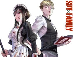 1boy apron black_bow black_bowtie black_dress black_hair black_pants black_vest blonde_hair blood blood_on_cheek blood_on_clothes blue_eyes bow bowtie breasts closed_mouth collared_shirt commentary copyright_name dress english_commentary feet_out_of_frame female hand_in_pocket henoopd highres holding holding_mop holding_plate juliet_sleeves lips long_hair long_sleeves looking_to_the_side maid maid_apron maid_headdress medium_breasts mop pants parted_lips pink_lips plate puffy_sleeves red_eyes red_nails shirt short_hair sidelocks simple_background spy_x_family twilight_(spy_x_family) vest white_apron white_background white_headdress white_shirt yor_briar 