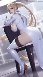  blonde_hair breasts commander_(nier:automata) expressionless from_behind high_heels highres holding holding_riding_crop large_breasts long_hair looking_back nier:automata nier_(series) parted_bangs parted_lips pelvic_curtain ponytail riding_crop sade_abyss sideboob sitting sitting_backwards thighhighs very_long_hair white_thighhighs 