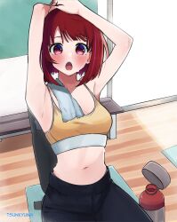  arima_kana armpits arms_up black_pantyhose blush bob_cut bottle breasts female highres looking_at_viewer medium_breasts midriff navel open_mouth oshi_no_ko pantyhose red_eyes red_hair short_hair solo sports_bra sweat towel towel_on_one_shoulder tsunkyunn twitter_username water_bottle yellow_sports_bra 