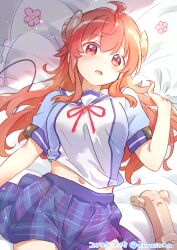  absurdres ahoge blue_skirt curled_horns dated demon_girl demon_horns demon_tail female highres horns icorasama lilith_(machikado_mazoku) looking_at_viewer lying machikado_mazoku midriff navel on_back red_eyes red_hair school_uniform short_sleeves skirt tail twitter_username yoshida_yuuko_(machikado_mazoku) 