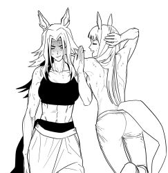  2girls :t abs animal_ears arm_rest back backboob bare_arms bare_shoulders blunt_bangs breasts closed_eyes collarbone commentary_request cowboy_shot curtained_hair fenomeno_(umamusume) flipped_hair foot_up from_behind gold_ship_(umamusume) greyscale hand_on_own_head hand_up highres horse_ears horse_girl horse_tail jagja167 korean_commentary long_hair midriff monochrome multiple_girls no_(gesture) open_mouth pants parted_bangs shaded_face shoulder_blades sports_bra standing sweat tail toned toned_female topless_female umamusume v-shaped_eyebrows 