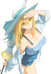  absurdres arm_up artist_name blonde_hair blue_ribbon blue_shirt blue_shorts blue_tank_top blurry_edges blush breasts cleavage closed_mouth closed_umbrella collarbone commentary_request cowboy_shot dated female frilled_tank_top from_above from_side gingham gingham_shirt hair_between_eyes hat hat_ribbon head_tilt highres holding holding_umbrella hz_(helu_2) large_breasts light_smile long_hair long_sleeves looking_at_viewer looking_to_the_side looking_up open_clothes open_shirt original ribbon shading_eyes shirt short_shorts shorts signature simple_background single_bare_shoulder single_off_shoulder solo split_mouth standing strap_gap sun_hat tank_top turning_head umbrella white_background white_hat yellow_eyes 