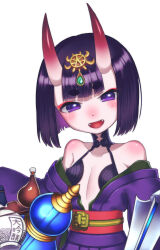  absurdres bare_shoulders blush breasts commentary_request fangs fate/grand_order fate_(series) female gourd headpiece highres horns japanese_clothes kimono looking_at_viewer oni open_mouth purple_eyes purple_hair purple_kimono short_hair shuten_douji_(fate) skin-covered_horns small_breasts smile solo tsugumokei 