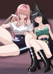  2girls absurdres alternate_costume bare_shoulders black_boots black_hair black_skirt blunt_bangs boots bra camisole cerbieduckie crop_top grin hair_intakes hand_up high_heel_boots high_heels highres hoshimi_miyabi long_hair looking_at_viewer midriff multiple_girls off-shoulder_shirt off_shoulder pencil_skirt pink_hair purple_eyes shirt short_sleeves skirt smile spaghetti_strap thick_thighs thighs tsukishiro_yanagi underwear very_long_hair white_shirt zenless_zone_zero 
