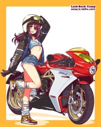  2025 :d arms_up black_gloves black_jacket blue_shorts blush border bra copyright_name dated denim denim_shorts female flat_chest gloves goggles goggles_on_headwear hair_between_eyes helmet highres jacket jagi_(jagi_souken) legs_up long_hair long_sleeves looking_at_viewer loose_socks midriff motor_vehicle motorcycle motorcycle_helmet mv_agusta_superveloce navel open_clothes open_jacket outside_border purple_hair shoes short_shorts shorts smile sneakers socks solo standing standing_on_one_leg stomach striped_bra striped_clothes toki_ayano underwear white_background white_socks yellow_border yellow_eyes yellow_shoes yurucamp 