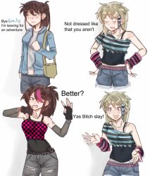  2girls belt black_hair blonde_hair blue_jacket checkered_clothes checkered_skirt class_of_09 denim detached_sleeves emily_(class_of_09) english_text fingerless_gloves gloves grey_shirt hand_on_own_hip highres jacket jeans long_hair makeover meme midriff multiple_girls nicole_(class_of_09) pants ponytail purple_streaks see-through_clothes see-through_shirt shadow shirt skellevision skirt white_background yas_bitch_slay_(meme) 