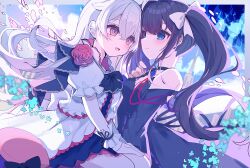  2girls arcaea back_bow bare_shoulders black_bow black_bowtie black_dress blue_hair blush border bow bowtie breasts cleavage closed_mouth clover_39 crossed_bangs day dress flower grey_border hair_between_eyes hair_intakes hairbow hand_on_own_thigh highres hikari_(arcaea) hikari_(reunion)_(arcaea) long_hair long_sleeves multiple_girls open_clothes open_mouth open_shirt outdoors outside_border pink_eyes puffy_short_sleeves puffy_sleeves red_flower red_rose rose seiza shirt shirt_over_dress short_sleeves sitting sitting_on_lap sitting_on_person small_breasts smile tairitsu_(arcaea) tairitsu_(reunion)_(arcaea) twintails white_bow white_hair white_shirt white_wrist_cuffs wrist_cuffs yuri 