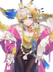  absurdres arknights bare_shoulders belt black_pants braid braided_ponytail coat collarbone commentary cowboy_shot dragon_girl dragon_horns dragon_tail english_commentary female gradient_hair hair_over_shoulder highres horns long_hair molyb multicolored_hair pants pointy_ears shu_(arknights) simple_background smile solo standing strapless tail very_long_hair white_background 
