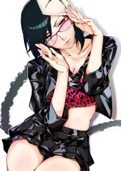  absurdres adjusting_eyewear alternate_costume black_hair black_jacket black_skirt bleach braid braided_ponytail breasts cleavage closed_mouth clothing_request collarbone commentary cowboy_shot dakaeya eyebrows_hidden_by_hair eyelashes female glasses green_eyes hands_up head_tilt highres jacket lips long_hair long_sleeves looking_at_viewer low_ponytail mask mask_on_head midriff miniskirt nose open_clothes open_jacket ponytail red-framed_eyewear simple_background single_braid sitting skirt solo swept_bangs tsurime v-shaped_eyebrows very_long_hair white_background yadoumaru_lisa 