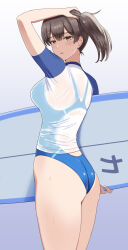  ass back blue_background blue_one-piece_swimsuit breasts brown_eyes brown_hair cowboy_shot female gradient_background hair_between_eyes highleg highleg_one-piece_swimsuit highres holding holding_surfboard kaga_(kancolle) kantai_collection large_breasts looking_at_viewer looking_to_the_side mayomaru1 medium_hair one-piece_swimsuit rash_guard shirt side_ponytail simple_background smile solo surfboard swimsuit thighs wet wet_clothes wet_shirt white_shirt 