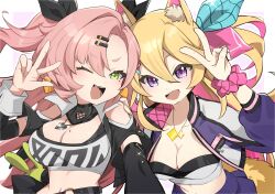  2girls :d ;3 animal_ears arm_at_side belt black_belt blonde_hair borrowed_character breasts cleavage commission cropped_jacket curtained_hair detached_sleeves glint green_eyes hair_between_eyes hand_on_another&#039;s_shoulder hand_up hands_up happy highres jacket jewelry midriff mole mole_on_breast mole_under_eye multicolored_jacket multiple_girls navel necklace one_eye_closed original outline pendant pink_hair purple_eyes purple_jacket purple_skirt second-party_source side-by-side side_part skirt smile sports_bra tail upper_body v w white_outline white_sports_bra yunoru 