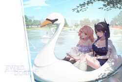  2girls absurdres asymmetrical_horns bare_shoulders black_boots black_hair black_horns blue_dress blue_hair blurry blurry_background boots breasts cauli cleavage collarbone dress hat highres hololive hololive_english horns large_breasts multicolored_hair multiple_girls nerissa_ravencroft orange_hair purple_dress streaked_hair swan_boat takanashi_kiara two-tone_hair uneven_horns virtual_youtuber white_boots white_hat 