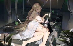  absurdres ahoge ass azur_lane blonde_hair breasts bug butterfly canine cleavage female flower foot_out_of_frame gouden_leeuw_(azur_lane) green_butterfly hair_intakes highres huge_breasts long_hair looking_at_viewer lying najiu_jiao_xiaolan_ba on_bed on_side pillow pointy_ears red_eyes revealing_clothes solo very_long_hair white_flower 