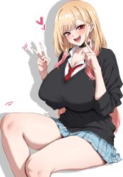  absurdres barbell_piercing black_cardigan black_choker blonde_hair blue_skirt blush breasts cardigan choker cleavage collared_shirt commentary_request double_v ear_piercing female fingernails gradient_hair gyaru hands_up heart highres huge_breasts industrial_piercing invisible_chair kitagawa_marin long_hair looking_at_viewer miniskirt multicolored_hair nail_polish necktie open_mouth piercing pink_hair plaid_clothes plaid_skirt pleated_skirt red_eyes red_necktie school_uniform shirt simple_background sitting skirt smile solo sono_bisque_doll_wa_koi_wo_suru teeth thick_thighs thighs three-quarter_sleeves upper_teeth_only v white_background white_shirt woo_(woosan) 