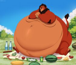  anthro belly big_belly black_hair disney felid food fur green_eyes hair hi_res huge_belly hyper hyper_belly lion male mammal morbidly_obese obese orange_body orange_fur overweight pantherine scar_(the_lion_king) solo the_lion_king tommysamash weight_gain yellow_sclera 