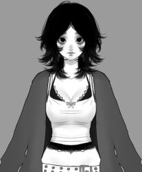  23i2ko bags_under_eyes belt black_eyes black_hair black_jacket bra english_commentary expressionless female grey_background greyscale highres jacket lace-trimmed_bra lace_trim looking_at_viewer medium_hair messy_hair midriff monochrome original shirt simple_background solo tank_top tight_clothes tight_shirt underwear upper_body white_tank_top 