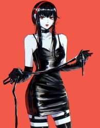  bare_shoulders black_choker black_dress black_gloves black_hair black_thighhighs breasts choker cleavage collarbone commentary dress earrings elbow_gloves english_commentary female gloves hairband hands_up henoopd highres holding holding_leash jewelry leash long_hair pale_skin parted_lips photo-referenced red_background red_eyes red_hairband red_lips sidelocks simple_background small_breasts solo spy_x_family standing thighhighs yor_briar 