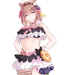  :3 absurdres ahoge bare_shoulders bikini bikini_skirt black_bikini black_hairband blue_eyes blunt_bangs breasts brown_hair chinese_commentary commentary_request female frilled_bikini frills green_eyes hairband heterochromia highres honkai_(series) honkai_impact_3rd looking_at_viewer medium_breasts navel official_alternate_costume pardofelis pardofelis_(midsummer_collector) qianying short_hair simple_background solo stomach swimsuit thighs white_background 