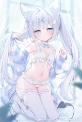  animal_ears bare_shoulders blue_eyes blurry blurry_background blush bra commentary_request curtains demon_tail depth_of_field female frilled_bra frilled_panties frilled_thigh_strap frills grey_hair grey_nails hair_ornament halo heart heart_hair_ornament highres indoors jacket kneeling komachi_pochi long_hair long_sleeves looking_at_viewer nail_polish navel no_shoes off_shoulder open_clothes open_jacket original panties puffy_long_sleeves puffy_sleeves sleeves_past_wrists solo striped_clothes striped_jacket tail thigh_strap thighhighs transparent twintails underwear very_long_hair white_bra white_panties white_thighhighs window wing_hair_ornament x_hair_ornament 