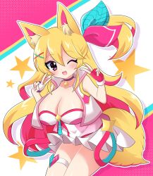  ;d absurdres animal_ears asymmetrical_gloves blonde_hair borrowed_character breasts cleavage colored_inner_hair commission cowboy_shot cropped_jacket double-parted_bangs double_v female fingerless_gloves gloves hair_between_eyes hair_ornament hanging_breasts happy highres large_breasts light_blush long_hair looking_at_viewer miniskirt mismatched_gloves multicolored_hair onaka_suita1013 one_eye_closed one_side_up open_mouth original outline pendant_choker pink_gloves pink_hair pleated_skirt purple_eyes second-party_source skirt sleeveless sleeveless_jacket smile solo star_(symbol) star_symbol_background teeth thigh_strap two-tone_hair upper_teeth_only v very_long_hair white_gloves white_outline white_skirt x_hair_ornament yellow_tail 