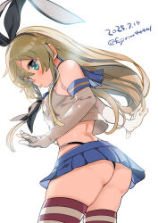  ass back bare_shoulders black_neckerchief black_panties blonde_hair blue_eyes blue_sailor_collar blue_skirt blush commentary elbow_gloves female from_behind fujii_rino gloves hair_ribbon hairband highleg highleg_panties highres horizontal-striped_thighhighs kantai_collection long_hair looking_at_viewer looking_back microskirt neckerchief panties pleated_skirt ribbon sailor_collar shimakaze_(kancolle) skirt solo striped_clothes striped_thighhighs thighhighs thong tongue tongue_out underwear upskirt white_gloves 
