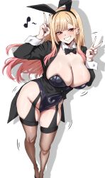  absurdres animal_ear_hairband animal_ears barbell_piercing black_bow black_bowtie black_garter_straps black_leotard black_nails blonde_hair blush bow bowtie breasts brown_thighhighs cleavage collar commentary_request cosplay covered_navel detached_collar double_v ear_piercing fake_animal_ears female fingernails garter_straps gradient_hair grin gyaru hairband hands_up highleg highleg_leotard highres huge_breasts industrial_piercing izayoi_arisa izayoi_arisa_(cosplay) kitagawa_marin leaning_forward leotard long_hair long_sleeves looking_at_viewer multicolored_hair nail_polish piercing pink_hair playboy_bunny rabbit_ear_hairband rabbit_ears red_eyes simple_background skindentation smile solo sono_bisque_doll_wa_koi_wo_suru standing tailcoat_playboy_bunny thick_thighs thighhighs thighs tuxedo v white_background white_collar white_wrist_cuffs woo_(woosan) wrist_cuffs 