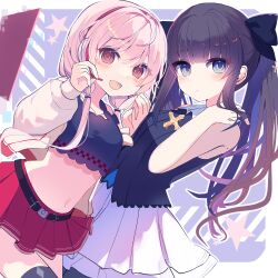  2girls :d absurdres alternate_costume arcaea bare_arms bare_shoulders belt black_belt black_hair black_ribbon black_shirt black_thighhighs blue_eyes blunt_bangs blush breasts brown_eyes closed_mouth clover_39 collared_shirt commentary_request contrast_collar couple cowboy_shot crop_top hair_intakes hair_ribbon headset highres hikari_(arcaea) holding_hands jacket long_hair long_sleeves looking_at_viewer microskirt midriff multiple_girls navel open_clothes open_jacket open_mouth pink_hair pleated_skirt red_skirt ribbed_shirt ribbon shirt sidelocks skirt sleeveless sleeveless_shirt smile tairitsu_(arcaea) thighhighs twintails white_jacket white_skirt yuri 