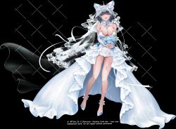  absurdres animal_ears aqua_streaks azur_lane bare_shoulders black_background blue_flower blue_gemstone blue_rose bouquet breasts bridal_gauntlets bridal_veil cat_ears cheshire_(azur_lane) cheshire_(white_seaside_melody)_(azur_lane) cleavage closed_eyes detached_collar dress english_commentary facing_viewer fake_animal_ears female flower frilled_dress frills gem happy highres holding holding_bouquet jewelry large_breasts medium_hair multicolored_hair official_alternate_costume open_mouth purple_hair ring rose see-through_clothes see-through_dress shoes showgirl_skirt simple_background solo streaked_hair tah1_26 two-tone_hair veil wedding_dress wedding_ring white_bridal_gauntlets white_dress white_flower white_rose white_shoes white_veil 