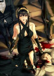  1boy bare_shoulders belt black_belt black_bow black_bowtie black_dress black_gloves black_hair black_jacket black_pants black_shoes blood blood_on_arm blood_on_body blood_on_cheek blood_on_clothes blood_on_dress blood_on_ground blood_on_leg blood_on_weapon bow bowtie breasts breasts_apart collarbone commentary dagger dress earrings elbow_gloves english_commentary female from_above full_body gloves gold_earrings gold_hairband hair_between_eyes hairband hand_in_pocket head_out_of_frame henoopd highres holding holding_dagger holding_knife holding_weapon indoors jacket jewelry knife long_hair long_sleeves looking_at_viewer looking_up medium_breasts nail_polish pants red_eyes red_lips red_nails shirt shoes sidelocks solo_focus spy_x_family stairs standing stiletto_(weapon) toenail_polish toenails weapon white_shirt yor_briar 