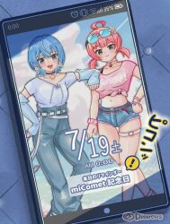  ! 2girls ahoge belt blue_eyes blue_hair blush cellphone cellphone_photo denim denim_shorts discus1981230 eyewear_on_head flower hair_flower hair_ornament hand_on_own_hip hololive holonatsu_paradise hoshimachi_suisei_(holonatsu_paradise) jeans looking_at_viewer low_twintails medium_hair midriff multiple_girls navel object_focus official_alternate_costume open_mouth pants phone pink_hair pink_shirt sakura_miko_(holonatsu_paradise) screen scrunchie shirt short_hair short_shorts shorts smartphone smile thigh_strap tied_shirt torn_clothes twintails twitter_username virtual_youtuber white_belt wrist_scrunchie 