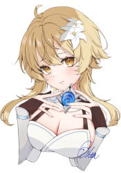  ahoge blonde_hair blush breasts bridal_gauntlets brown_eyes cleavage closed_mouth cropped_torso female flower genshin_impact hair_between_eyes hair_flower hair_intakes hair_ornament head_tilt hhh_halta highres large_breasts lumine_(genshin_impact) short_hair_with_long_locks sidelocks signature simple_background solo upper_body white_background white_flower 