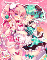  2girls :d animal_ears black_bow blush bone_hair_ornament bow breasts brown_background cartoon_bone cleavage commentary_request detached_sleeves dog_ears dog_girl dog_tail double_bun dress feet_out_of_frame food garter_straps gradient_background green_dress green_hair green_sleeves hair_between_eyes hair_bun hair_ornament holding holding_food ice_cream ice_cream_cone lilia_chocolanne looking_at_viewer medium_breasts multiple_girls multiple_scoops original outline parted_lips pink_background pink_dress pink_hair plaid_clothes plaid_dress plaid_sleeves puffy_short_sleeves puffy_sleeves purple_eyes red_eyes short_sleeves smile suzunone_rena tail thighhighs twintails white_outline white_thighhighs 