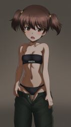 absurdres alisa_(girls_und_panzer) artist_name black_panties black_tube_top blush brown_background brown_eyes brown_hair cowboy_shot female flintard freckles girls_und_panzer gradient_background green_pants highres looking_at_viewer navel open_mouth panties pants short_hair simple_background solo standing stomach strapless thighs tube_top underwear undressing zipper 