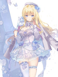  blonde_hair blue_eyes blue_flower blunt_bangs breasts cleavage dedeko female floating_hair flower grey_hat grey_jacket grey_shirt hair_flower hair_ornament hat highres jacket jacket_on_shoulders layered_skirt long_hair long_sleeves looking_at_viewer medium_breasts miniskirt original parted_lips pleated_skirt shirt single_thighhigh skirt solo standing thigh_strap thighhighs underbust very_long_hair white_skirt white_thighhighs 