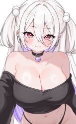  barbell_piercing bare_shoulders bell belt belt_collar black_belt black_choker black_collar black_panties black_shirt blush breasts choker cleavage closed_mouth collar collarbone colored_inner_hair commentary ear_piercing english_commentary female groin hair_between_eyes hair_ornament heart heart_in_eye highres huge_breasts industrial_piercing jingle_bell long_hair long_sleeves looking_at_viewer moshiedraws multicolored_hair navel off-shoulder_shirt off_shoulder original panties piercing pink_eyes pink_lips pom_pom_(clothes) pom_pom_hair_ornament purple_hair shirt simple_background smile solo stomach stomach_piercing symbol_in_eye thighs two-tone_hair two_side_up underwear white_background white_hair 