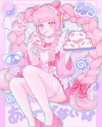  absurdres animal-themed_food animal_ears apron bell bow braid bridal_garter commentary_request dress eating ene_teq fake_animal_ears female food_request hairband heart_apron highres jingle_bell jitome lolita_hairband long_hair looking_at_viewer original panda panda_ears pastel_colors pink_dress pink_eyes pink_footwear pink_hair pink_theme quad_tails shoes solo translation_request very_long_hair yume_kawaii 