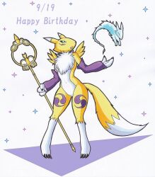  2022 anthro bandai_namco black_sclera blue_eyes breasts digidredg digimon digimon_(species) featureless_breasts female fur hi_res holding_object multicolored_body multicolored_ears multicolored_tail navel renamon simple_background solo tail tuft white_body white_fur yellow_body yellow_fur 