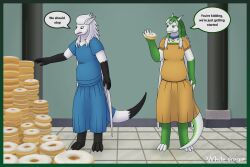  2024 2_horns 3:2 anthro belly bloated claws clothed clothing collar dessert detailed_background digital_drawing_(artwork) digital_media_(artwork) digitigrade doughnut dragon dress duo english_text female flat_chested food full-length_portrait fur furred_dragon furred_scalie green_body green_fur green_hair hair hi_res horn kate_(arcticka) membrane_(anatomy) membranous_wings mythological_creature mythological_scalie mythology pastry portrait scalie shaded signature slightly_chubby soft_shading speech_bubble stuffing text tight_clothing victoire weight_gain white-dragon white_body white_fur white_hair wings 