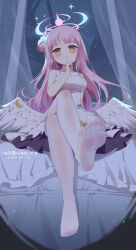  angel_wings bare_shoulders blue_archive blush breasts crossed_legs dress feathered_wings female finger_to_mouth hair_bun hair_ornament halo highres indoors large_breasts long_hair looking_at_viewer low_wings mika_(blue_archive) multicolored_halo pantyhose pink_hair pink_halo scrunchie shushing single_side_bun sitting smile soles solo white_dress white_pantyhose white_wings wing_ornament wings xiao_shi_lullaby yellow_eyes 