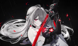  absurdres acheron_(honkai:_star_rail) ahoge bandaged_arm bandages bare_shoulders black_background black_gloves blood blood_from_eyes breasts bright_pupils chain_around_arm chains commentary elbow_gloves feint721 female floating_hair flower gloves grey_hair hair_intakes hair_ornament hair_over_one_eye highres holding holding_sword holding_weapon honkai:_star_rail honkai_(series) katana long_hair medium_breasts official_alternate_color parted_lips rain red_eyes red_flower red_petals signature single_bare_shoulder single_elbow_glove solo sword upper_body very_long_hair weapon white_pupils 