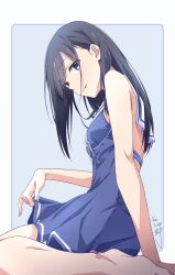  black_hair blue_background blue_dress blue_eyes closed_mouth clothes_lift commentary_request dated dress dress_lift female highres legs lifting_own_clothes long_hair looking_at_viewer monai-chan_(nii_manabu) nii_manabu original signature sitting smile solo thighs two-tone_background white_background 