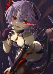  :d akisome_hatsuka asymmetrical_gloves bat_(animal) bat_wings bikini black_bikini black_gloves black_wings breasts chains cleavage commentary_request demon_girl elbow_gloves female gloves glowing glowing_eye hair_ribbon halloween_costume horns mismatched_gloves oerba_yun_fang open_mouth purple_hair red_eyes red_nails red_ribbon remilia_scarlet ribbon short_hair small_breasts smile solo swimsuit thighhighs touhou wings 