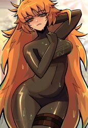  1girls diving_suit female freckles ginger ginger_hair ishmael_(limbus_company) limbus_company long_hair orange_hair project_moon sweat tagme thick_thighs very_long_hair wetsuit 