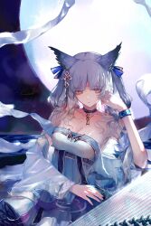  arknights bare_shoulders black_choker breasts choker cleavage closed_mouth dress facial_mark female forehead_mark full_moon grey_hair guzheng hair_ornament hand_up highres infection_monitor_(arknights) long_hair moon official_alternate_costume orange_eyes owl_ears owl_girl ptilopsis_(amongst_the_clouds)_(arknights) ptilopsis_(arknights) shawl sidelocks solo tassel tassel_hair_ornament upper_body white_dress white_hair yu_fish zither 